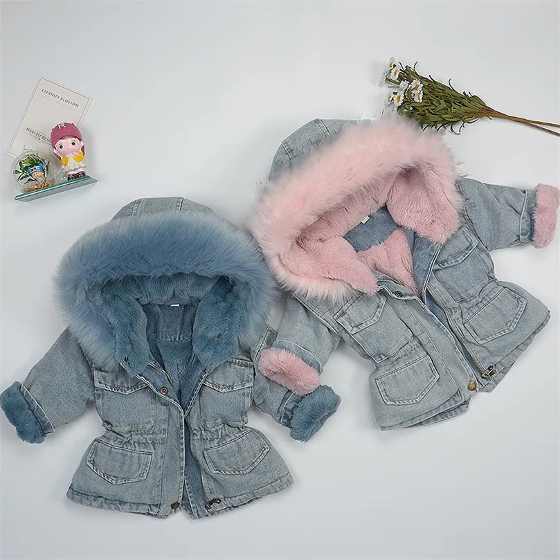 子供のための冬のコート /女の赤ちゃんの冬の服 /毛皮のフーディ /幼児の女の子フォール・ウェアリングlj201125とジーンズコート