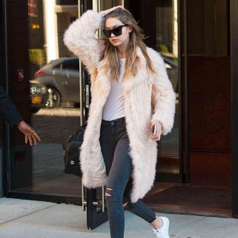 Women s Fluffy Mongolia Sheep Fur Coat White Long Faux Fur Jacket Warm Hairy Overcoat Outerwear