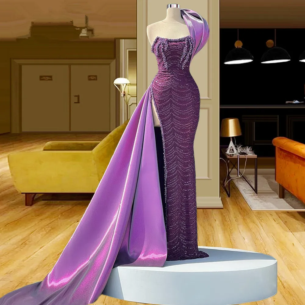 Un hombro elegante púrpura sirena vestidos de baile vestido de noche con lentejuelas hecho a medida con lentejuelas lado Split Puff manga vestido de fiesta