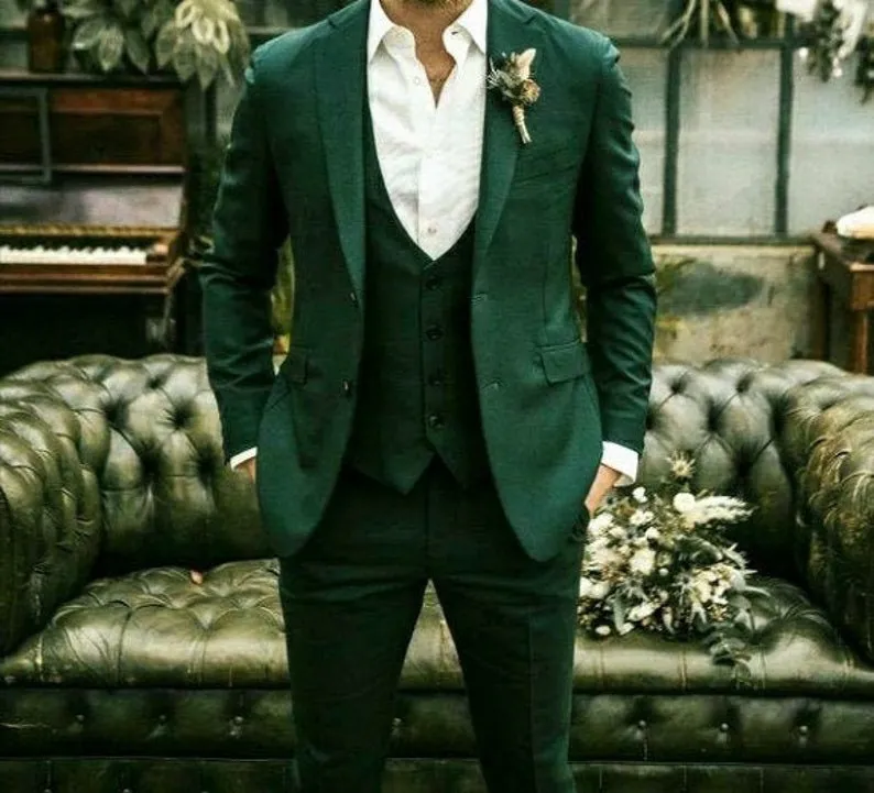 Classic Green Country Wedding Tuxedos Мужские костюмы 3 шт. Тонкий подходит для двух кнопок жених носить мужчины подходит для выпускного вечеринка ужин Blazer пиджак + брюки + жилет