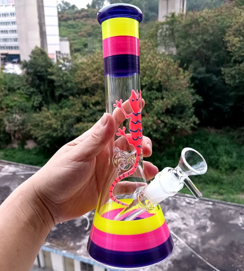 7 mm dik glazen water bong 10,5 inch kleur geschilderde waterpijp met hagedis patroon 18 mm vrouwelijke gewrichtsrookpijpen