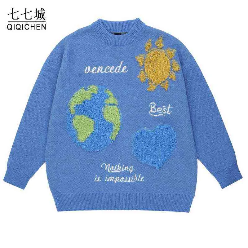 Automne Pulls Tricotés Hommes Femmes Cartoon Planet Love Heart Pull Surdimensionné Hip Hop Streetwear Casual College Pull En Tricot T220730