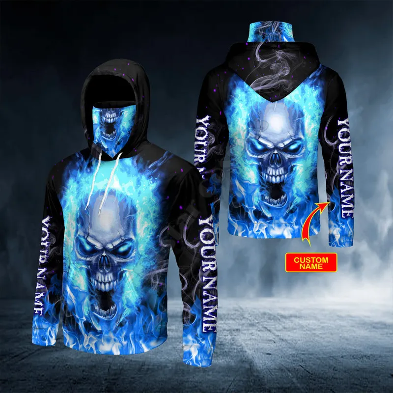 Angry Blue Fire Skull Custom Yous nennen 3D überall über bedruckte Bandana Hoodie US -Größe Frauen für Männer lässige Pullovermaske warm 220713