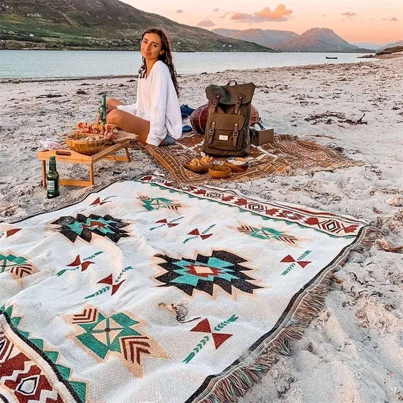 Etnik Bohem Meksika battaniyeleri açık plaj piknik battaniye çizgili boho keten yatak battaniyeleri ekose kanepe paspaslar seyahat halı püskülleri 220527