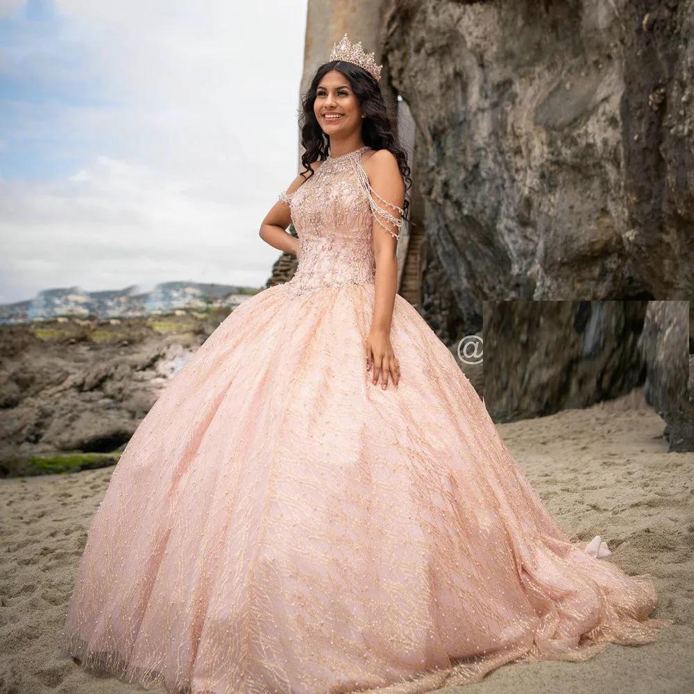 Rose Gold Crystal Beading Princesa Quinceanera Vestidos Sparkly