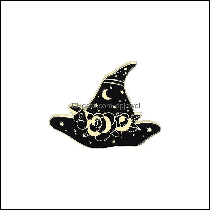 punk black magic cat brooch halloween witch hat flower moon lapel pins enamel animals corsages badges for bag  sweater clothes