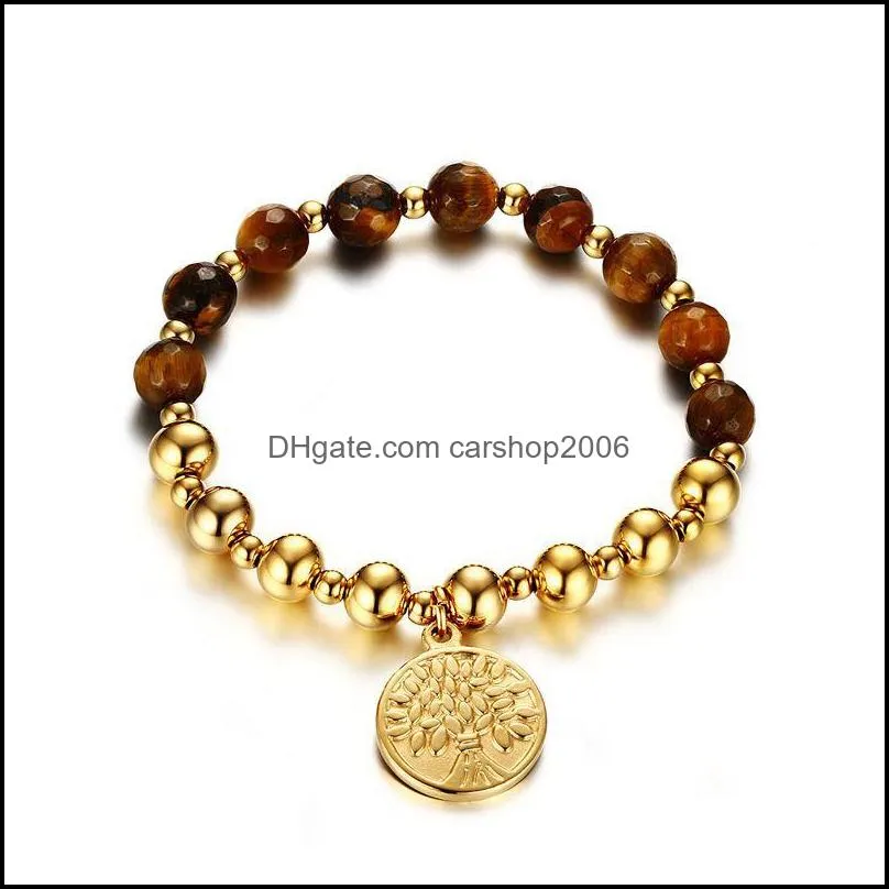 Pulseras con dijes Joyería Nueva moda Pulsera de árbol de la vida de color dorado para mujeres Cuentas marrones étnicas Brazaletes para mujer Entrega de gota ajustable