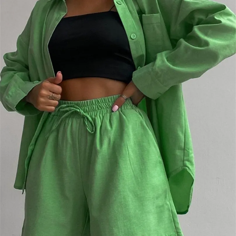 Bornladies Stylish Cotton Casual Women Two Piece Short Summer High Waist Green Shirt Suit Set Fashion 2 Pieces Sets 220708