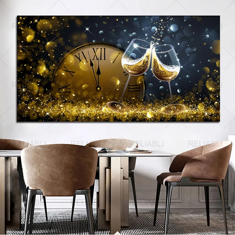 Abstract Golden Clock Wine Glass Kicthen Decorative Picture Modern Canvas Painting Wall Picture for Dining Room Home Decoration