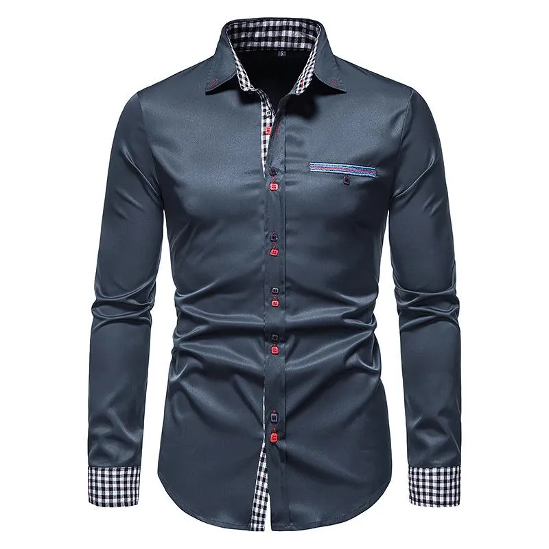 Casual shirts voor heren heren Slim Fit geruite patchwork zakelijk overhemd met lange mouwen knoop op trouwfeest blouse camisasmen's