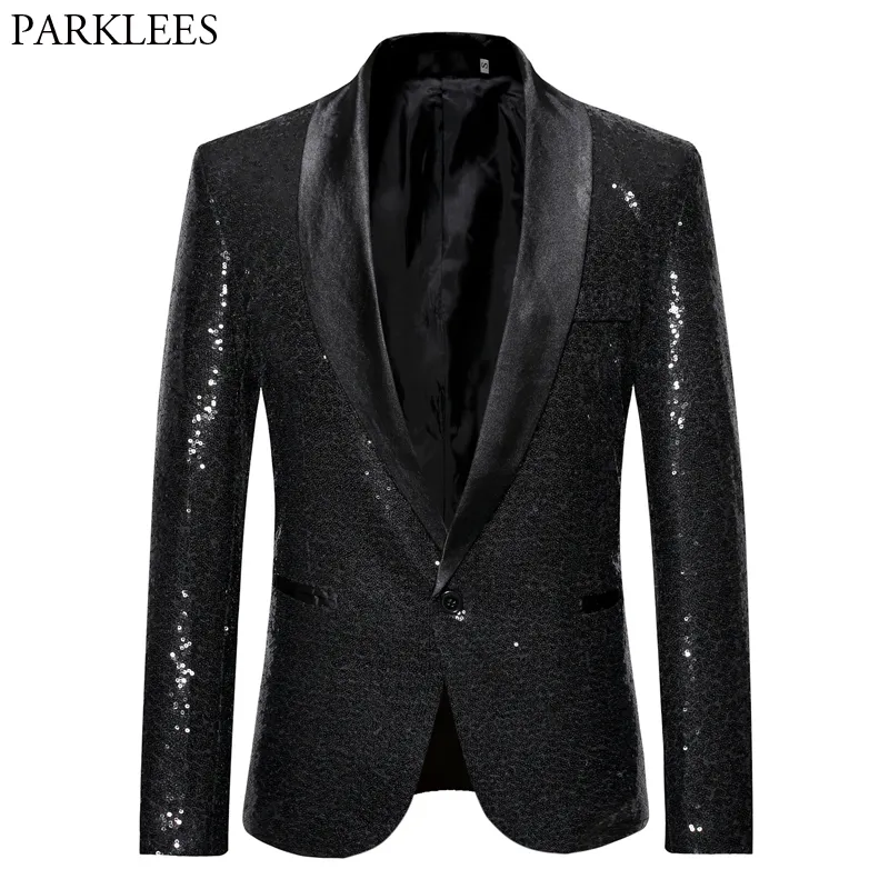Zwart Sequin One Button Sjaal Collar Suit Jacket Mannen Bling Glitter Nightclub Prom DJ Blazer Jas Mannen Stage Kleding Voor Zangers 220409
