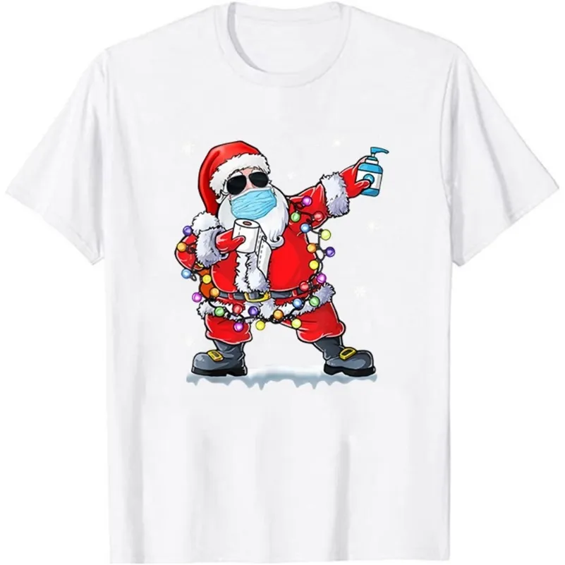 Social distansering Jul Santa Mönster T-shirt Rolig Casual Xmas Färgad lampa Kortärmad EE 220321