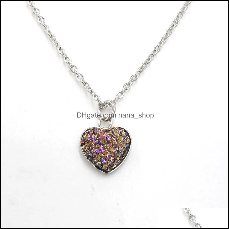 Fashion druzy drusy necklace silver Stainless steel Geometry faux natural stone resin heart love necklace for women jewelry