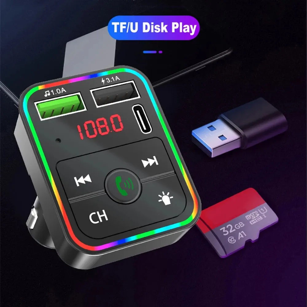 Samochód Bluetooth 5.0 FM nadajnik bezprzewodowy odbiornik audio Auto tf U odtwarzacz MP3 3.1A Podwójny USB PD TYPE-C