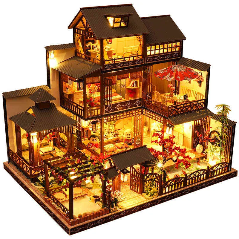 Cutebee Diy Dollhouse Kit Trä Doll Hus Miniatyr Dollhouse Möbelkit med LED-leksaker för barn julklapp P06 AA220325