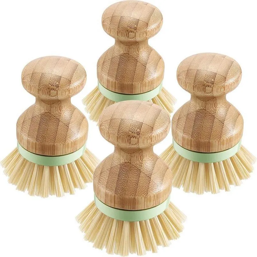 NEW Bamboo Wood Round Mini Palm Scrub Brush Stiff Bristles Wet Cleaning Wash Dishes Pots Pans Vegetables sxjun23