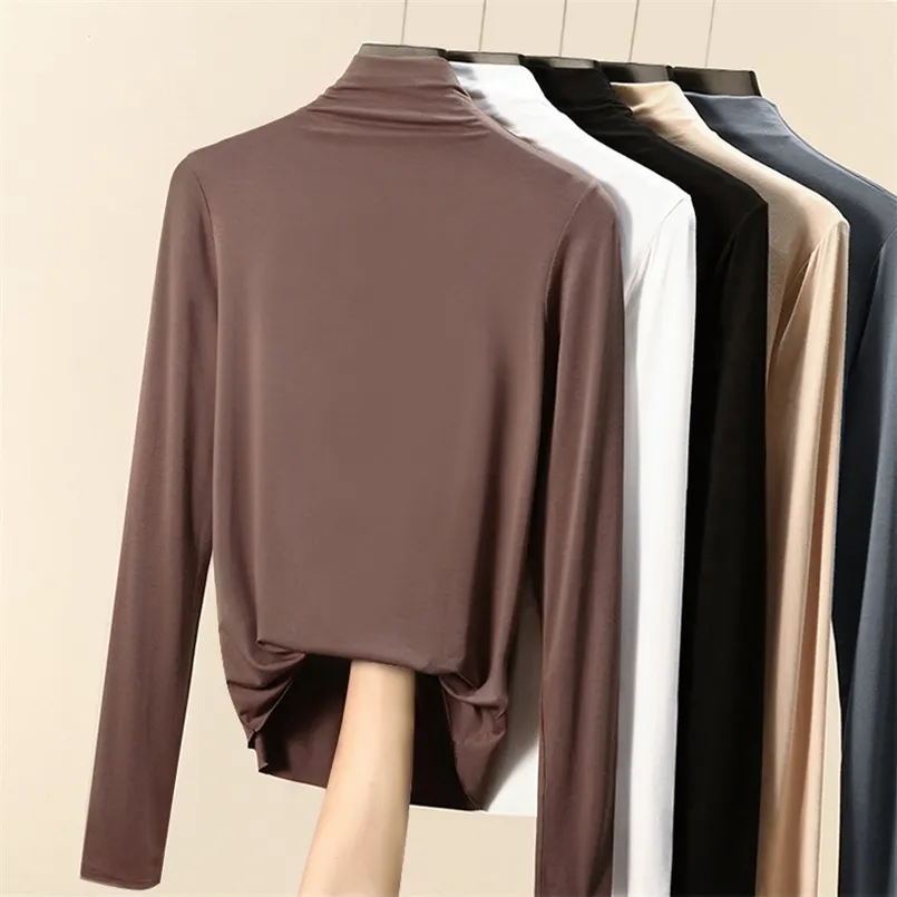 Autumn Korean Cotton T Shirt Women Turtleneck Vintage Long Sleeve Office Lady Tshirts Brown Slim Shirt Mujer Camisetas 220728