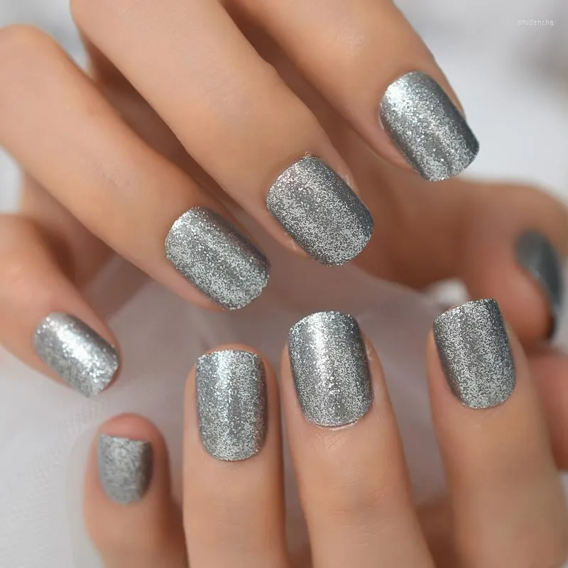 Valse nagels korte pers op zilveren glitter nep nagel glinstering volledige omslag artifcial dames make -up manicure art prud22