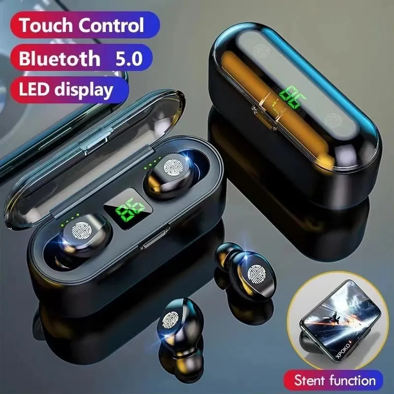 TWS F9 bezprzewodowe słuchawki Bluetooth v5.0 Dotyk prawdziwy bezprzewodowy zestaw słuchawkowy Wyświetlacz LED Dual Waterproof Sport