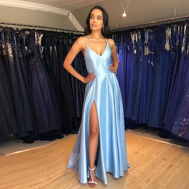 Simple Long Evening Dress Light Sky Blue Satin Vestido De Noite Crisscross Back Women Occasion Formal Party Gowns W220421