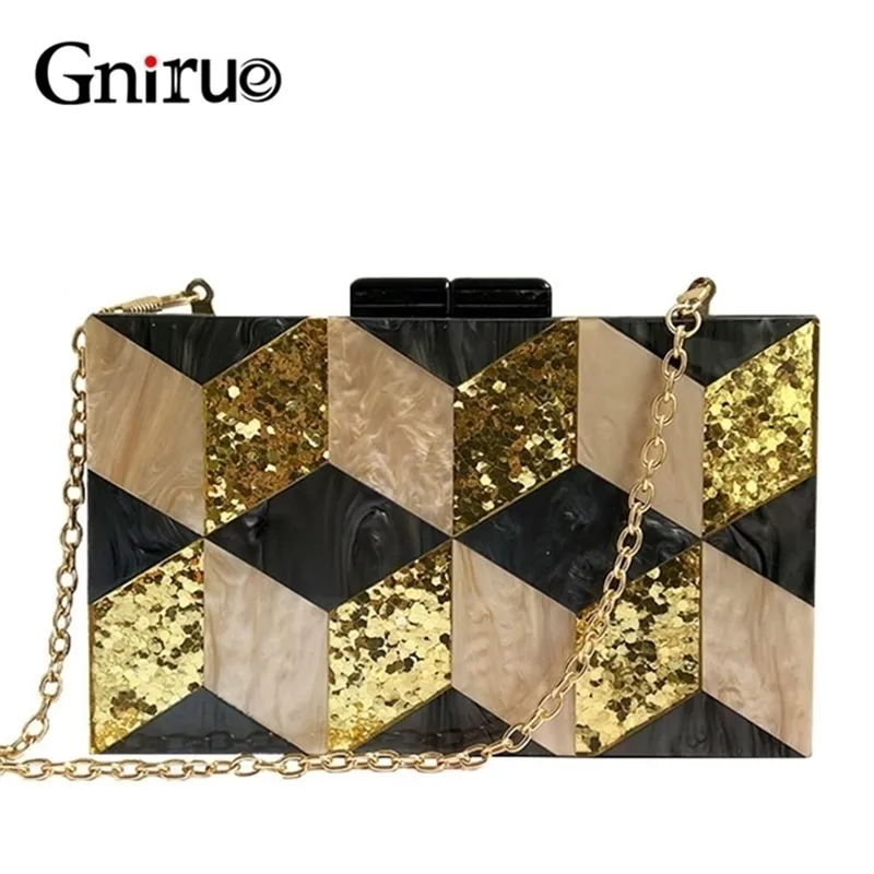 Female Black Pearlescent Acrylic Evening Vintage Women Messenger Bags Gold Sequins Clutches Patchwork Party Handbags Y201224