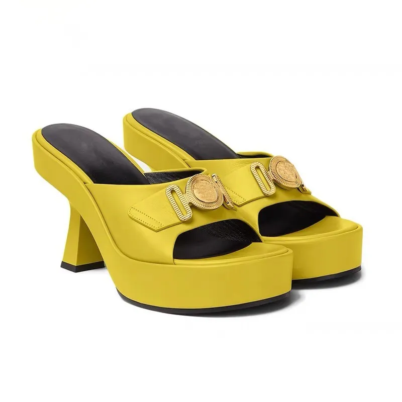 Platform kalın topuk metal toka terlik dişi sandalet ayakkabıları moda yüksek tıknaz topuk gerçek deri kadınlar yarım slaytlar