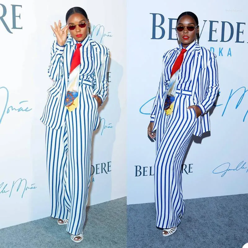 Pantalon deux pièces pour femme Sea Blue Striped Woman Suit Singal Breasted 2022 Design High Street Col cranté Party Fashion Jacket Pant FemaleW