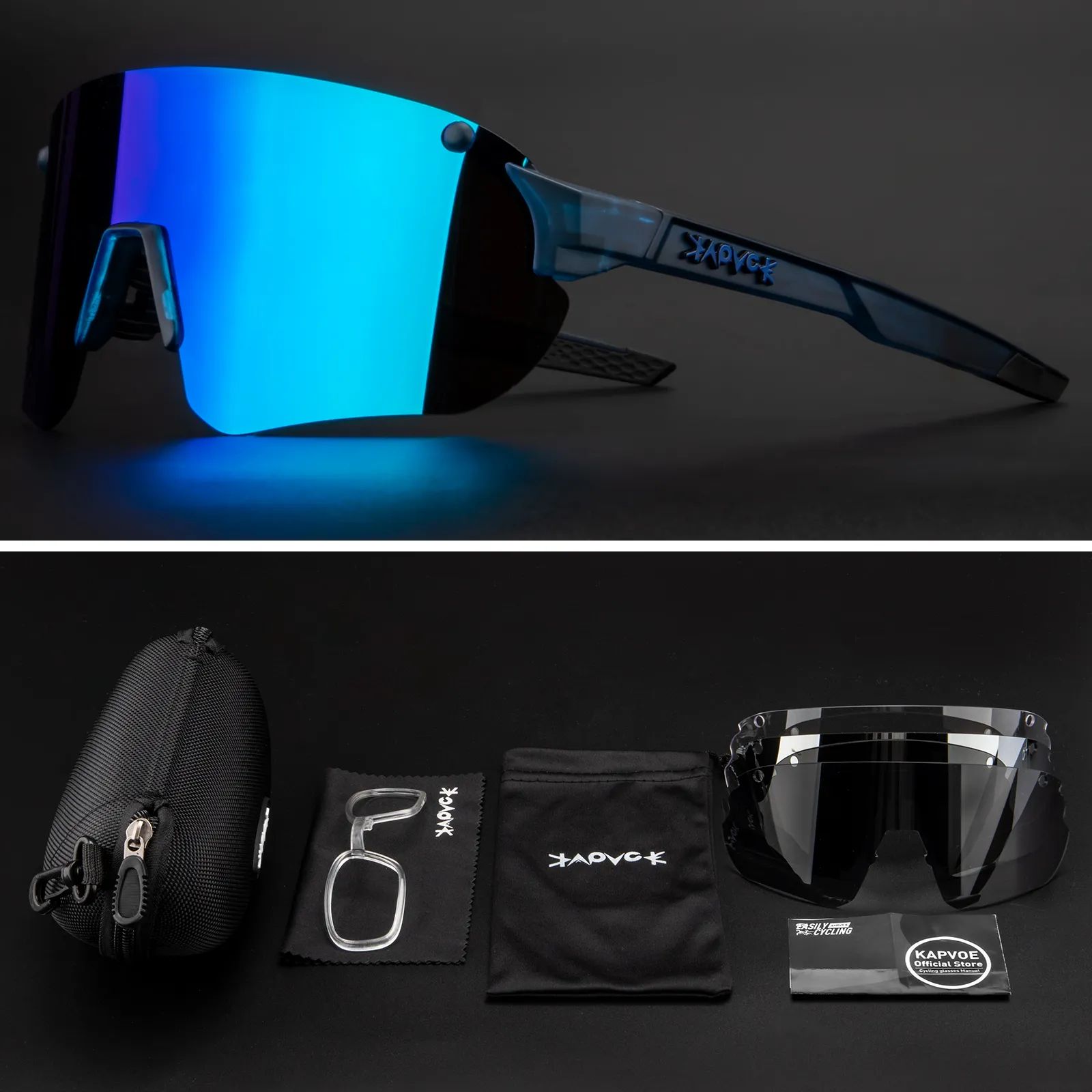 Outdoor-Sport, Fahrradbrille, Fahrradbrille, Mountainbike-Brille, Schwarz, polarisierte Sonnenbrille, 4 Gläser, rahmenlos, ohne Brille, bunt, 258T