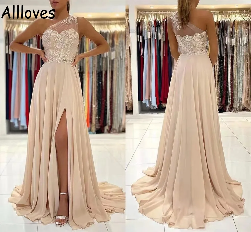 Elegante één schouder Chiffon Een lijn bruidsmeisje jurken kanten Appliqued Simple Wedding Guest Prom feestjurken Sweep trein Sexy Side Slit Lize Honor Jurken CL0331