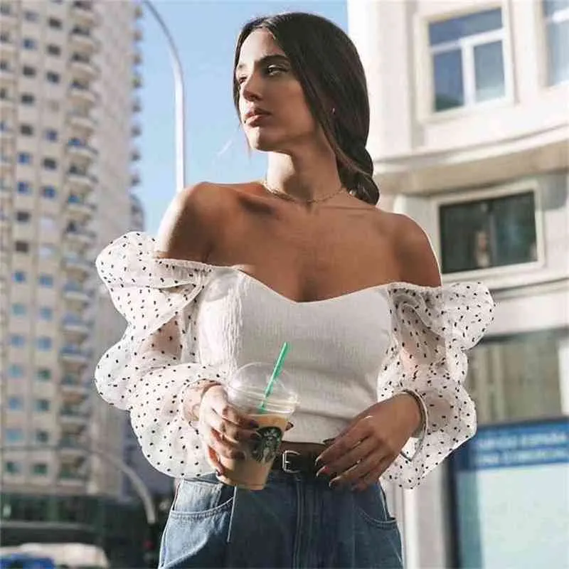 Stylish sexy slim crop women top transparent mesh patchwork sleeve V collar backless chic shirt stretchy white short blouse 210401