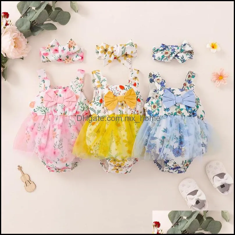 Rompers Kids Girls Floral Lace Romper Infant Flowers Print Jumpsuits With Bow pannband Summer Fashion Korean Version BA MXHOME DHRWZ