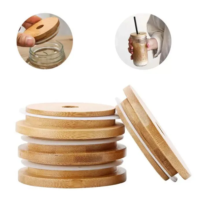 US Warehouse Bamboo Cap Deksels 70 mm 88 mm herbruikbaar houten metselaar Jar deksel met stro gat en siliconenafdichting DHL gratis levering FY5015 0426