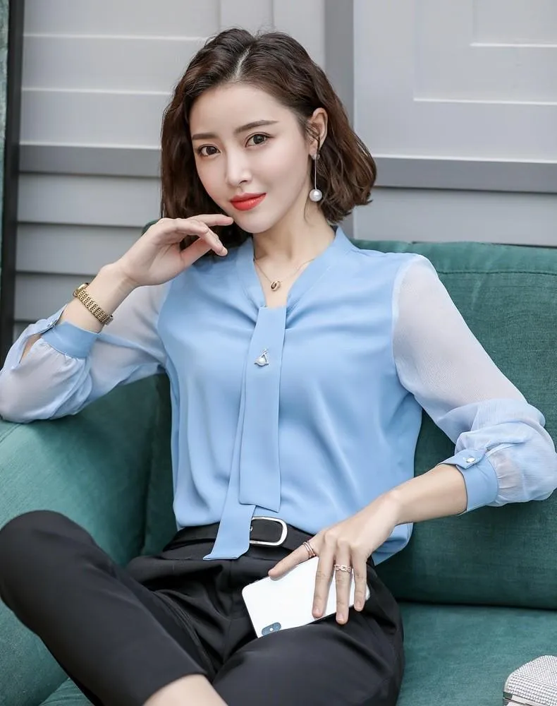 Damesblouses Shirts Nieuwigheid Blauw 2022 Lente Zomer Chiffon en voor Dames Zakelijk Werk Draag Dames Vrouwelijke Tops Kleding Uniform Stijlen