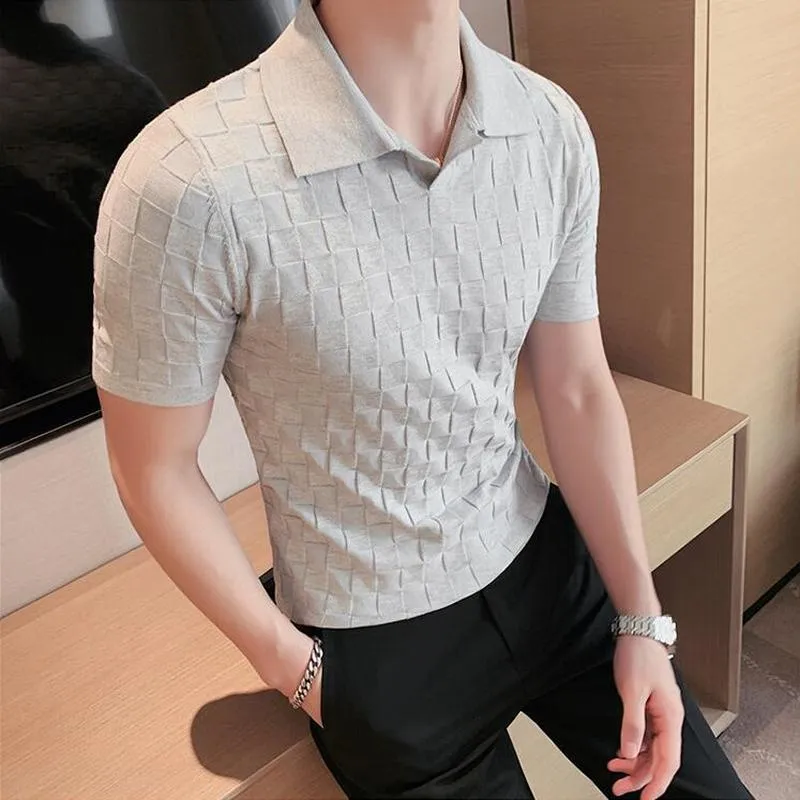 Herrpolos sommarplädskjorta högkvalitativ V-ringning fast färg Casual Stretch Slim Short Sleeve T-shirt Men's Knit Shirtmen's Men's Ment's