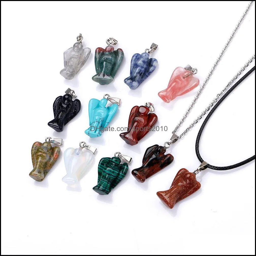 Arts And Crafts Cartoon Natural Crystal Rose Quartz Angel Carved Stone Pendant Necklace Chakra Healing Jewelry For Women Me Sports2010 Dhqtp