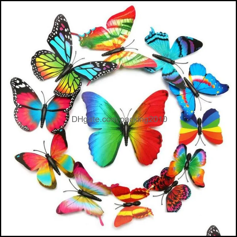 12 pcs/lot 3d butterfly rainbow wall stickers fridge decal art colorful wallpaper for living room tv background home decoration