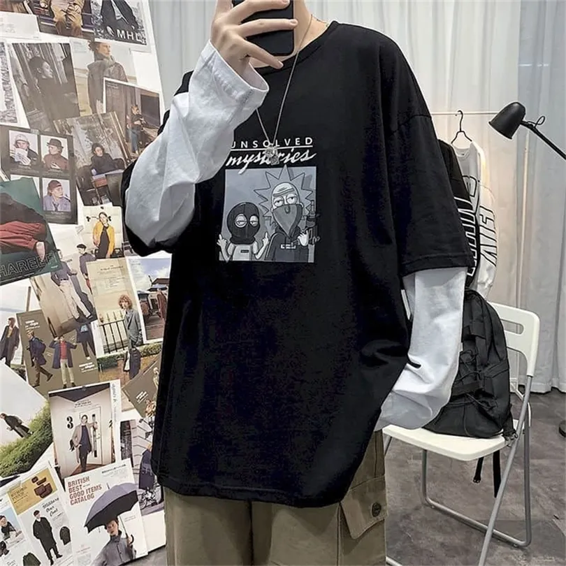 Camiseta de manga larga masculina falsa dos piezas de la versión coreana de la tendencia de la camisa suelta hiphop allmatch chicos guapos 220816