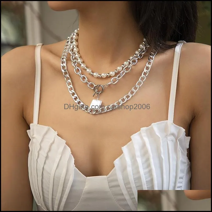 Punk hip hop metal chains Pendant Necklaces retro Baroque special-shaped imitation pearls female OT Bar Clavicle Chain Design style Dinner Party Neck Jewelry