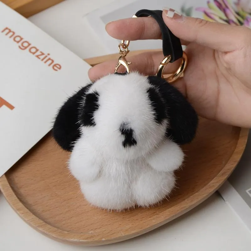 Nyckelringar Plush White Dog Real Keychain Söt Toy Puppy Bag Charm Pendant Jewelry Women Car Metal Key Ring Ornament Girl Gift