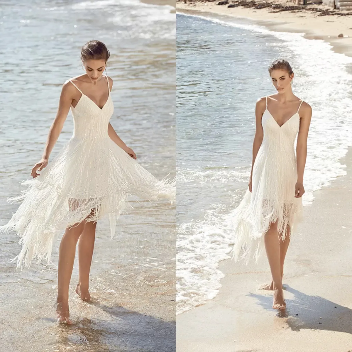 2022 A Line Beach Wedding Vrustes Spaghetti Lace Tassel equins adged short Wedding Deters Vestidos de Novia Boho Brys