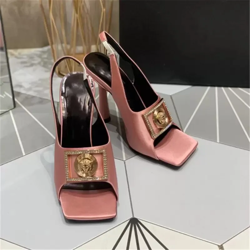 Sandal Series High Heel Womens Shoes Satin Gloss With Creative Hardware Decoration Shallow Mouth Exposed Shoes Size 35-39