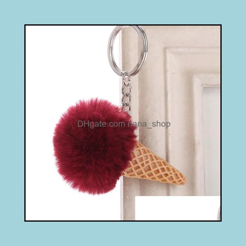 Key Rings Jewelry Ice Cream Keychain Soft Artificial Rex Rabbit Hair Ball Keyring Furry Pom Acrylic Ring Women Shoder Bag Car Pendant Gift D