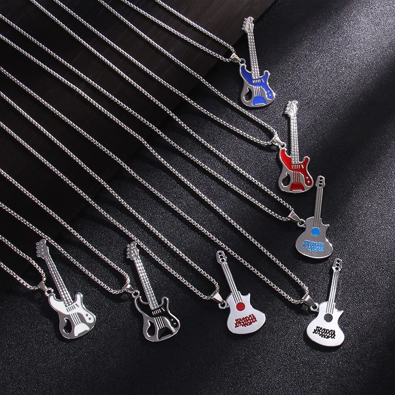 Acier inoxydable Coloré Guitare Électrique Collier Étudiant Instrument De Musique Pendentif Pour Hommes Femmes Rock Punk Hip Hop Accessoires