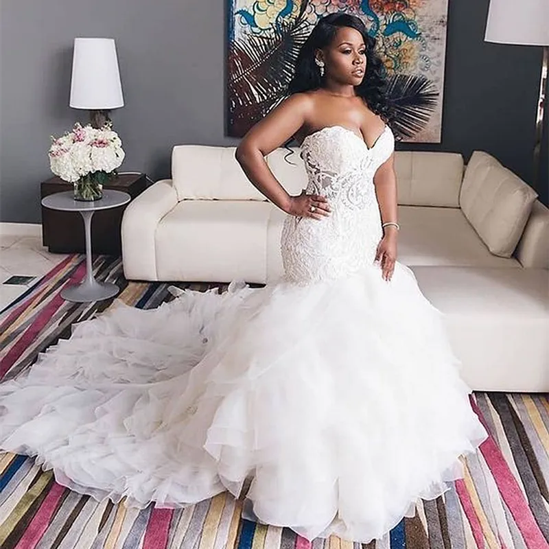 2022 Aso Ebi Robes De Mariée Africaines Dentelle Appliques Sirène Vêtements De Mariée Niveaux Volants Long Train Robe De Mariée Plus La Taille Robe De Mariee Retour Corset