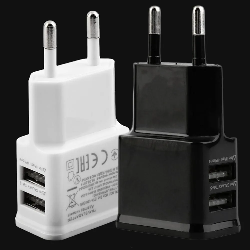 Wtyczka US / UE 5 V 2A Podwójny port USB Wtyczka UE Ładowarka ścienna AC Adapter do Uwaga 2 3 Tabletki Telefon komórkowy Hurtownie