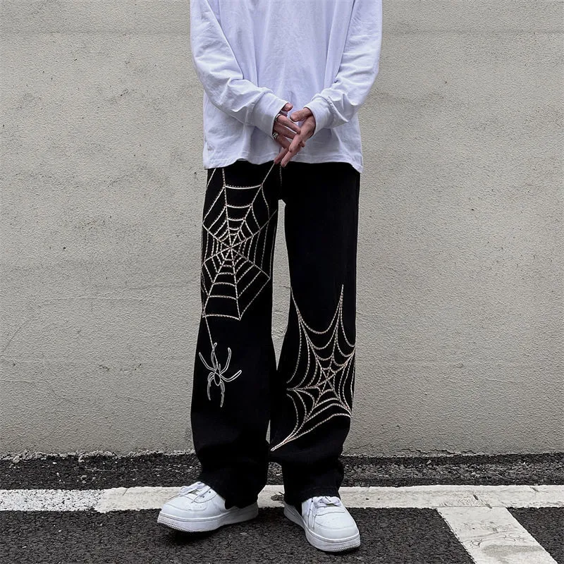 Dark Spider Web Printed Womens Wide-Leg Trousers: 90s