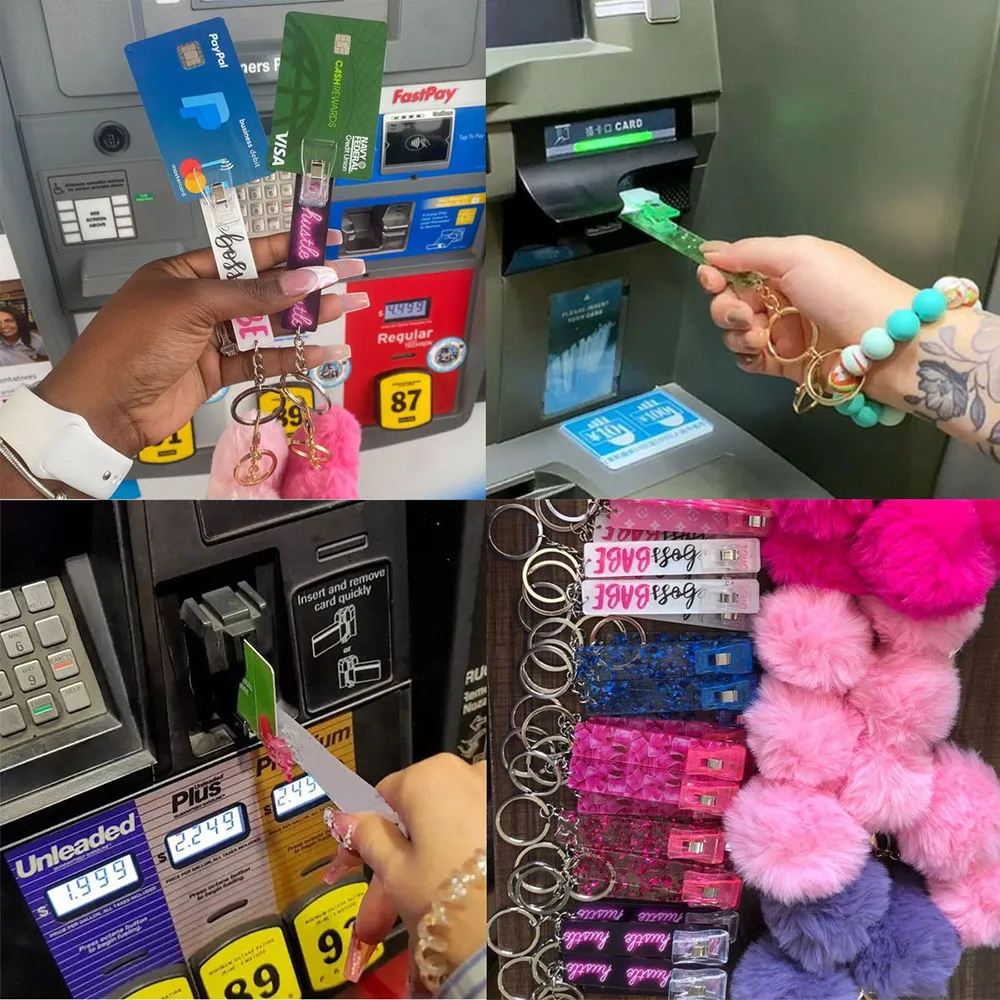 Bonitos llaveros con grabador de tarjetas de débito para mujer, tirador de tarjetas bancarias para cajero automático con uñas largas, llavero con pompón, precio al por mayor