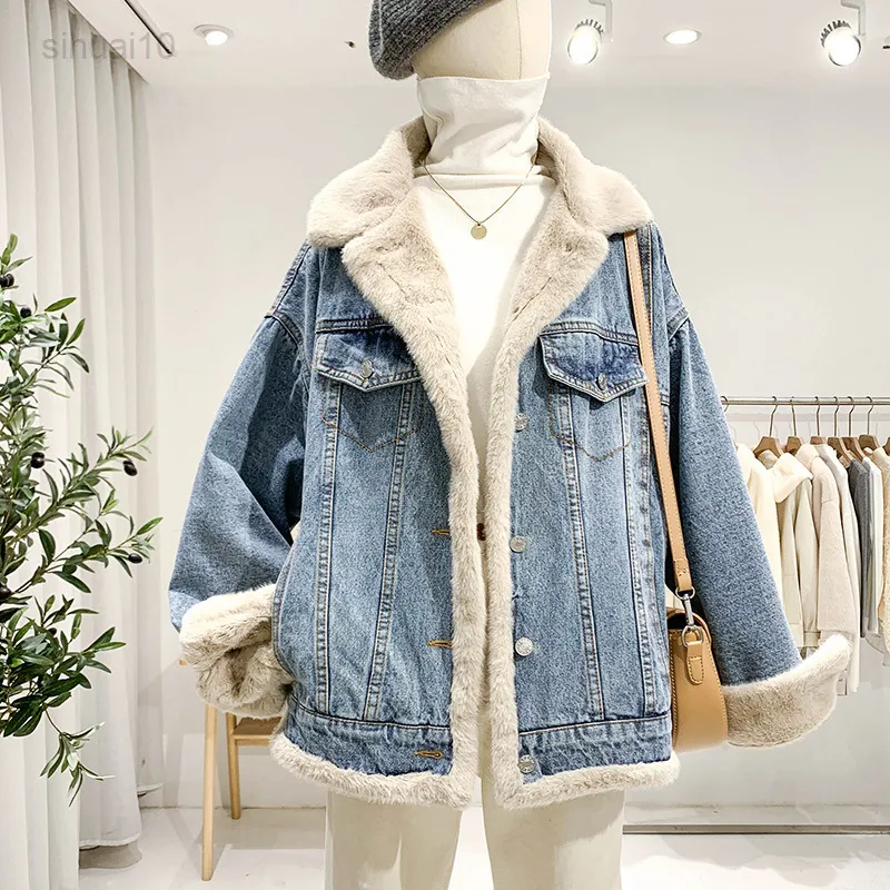 Women Coat New Loose And Versatile Jacket In Winter Women Casual Single Breasted Double Faced Thickened Denim Jacket L220725