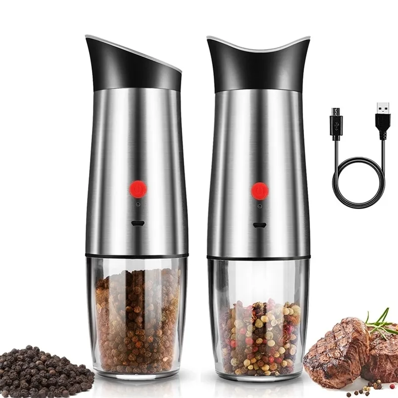 2 Pcs Electric Salt and Pepper Grinder USB Rechargeable Pepper Mill Adjustable Coarseness Automatic Spice Milling Machine 220524