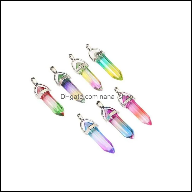 Rainbow Gradient colored glass double pointed hexagon pendant bullet head charms for necklace earrings jewelry making